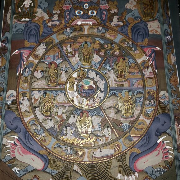 RARE UNIQUE VERY SOPHISTICATED METICULOUSLY HAND PAINTED THANGKA WHEEL OF LIFE.